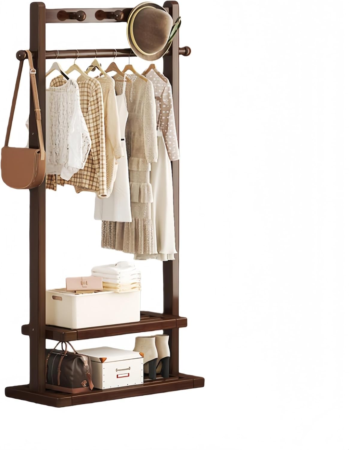 Bamboo Garment Rack with Double Shelves, Freestanding Clothes Hanging Stand for Bedroom, Heavy Duty Open Wardrobe with Side Hooks and Top Rod for Coats Dresses(Walnut,W/o wheels,32.7in)
