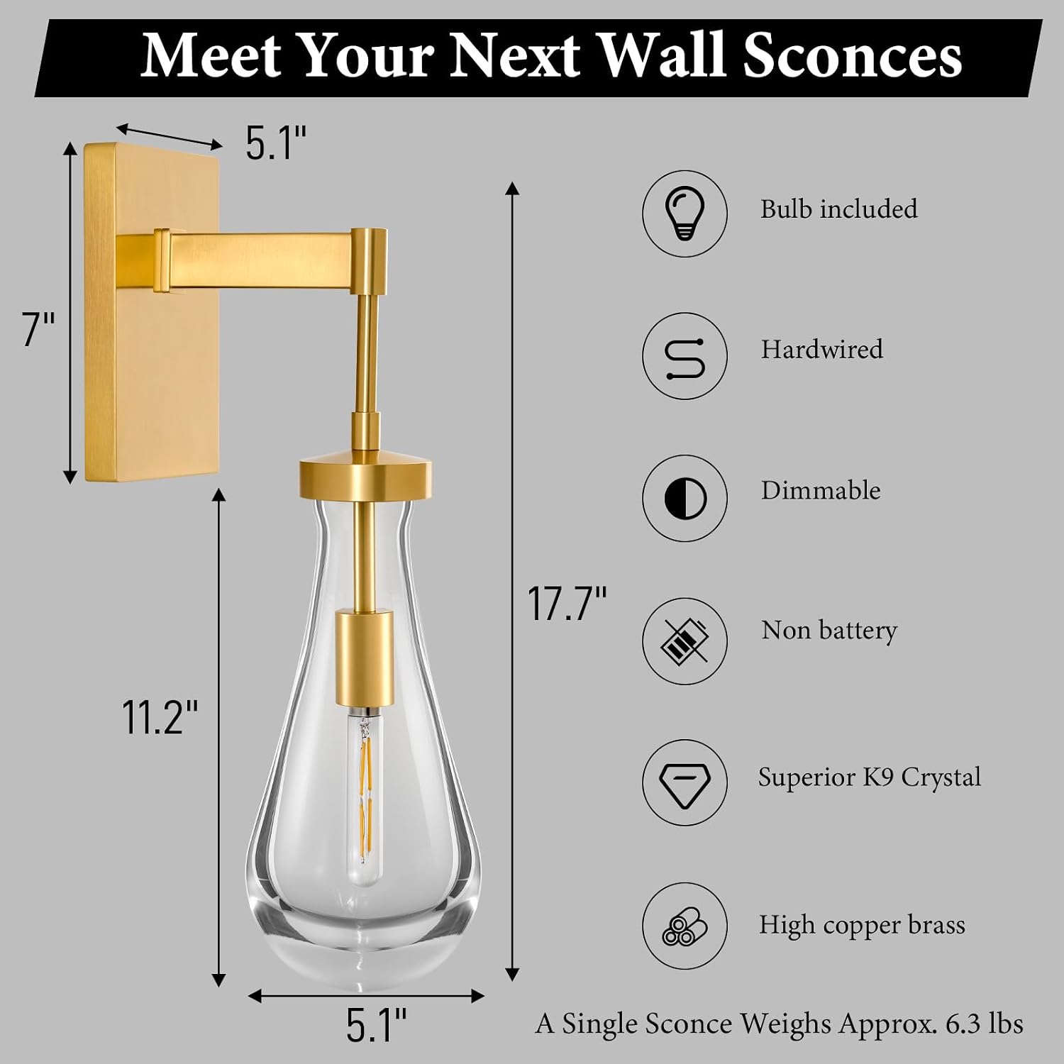 Raindrop Brass Crystal Wall Sconce: Set of 2 Clear Solid Indoor Sconces with Bulbs - Luxury Modern Gold Light Fixtures - Dimmable Vanity Lamp for Bedroom Living Room Bathroom Hallway Bedside Lighting
