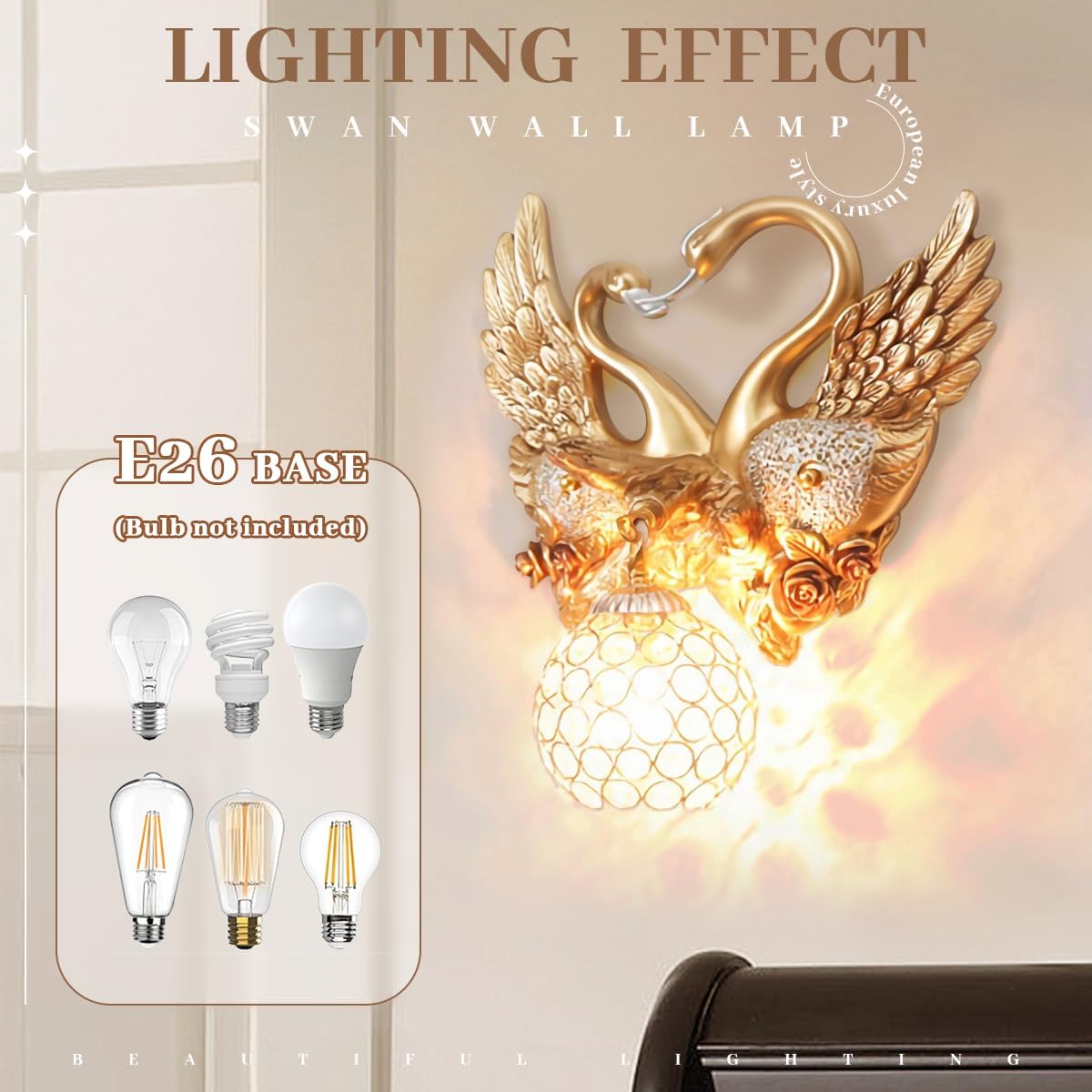 Gold Swan Wall Sconce, Modern Luxury Crystal Wall Lamp, Decorative Wall Lighting for Bedroom Living Room Hallway, Romantic Heart Shaped Wall Mounted Light Fixture, Resin Animal Wall Art Decor