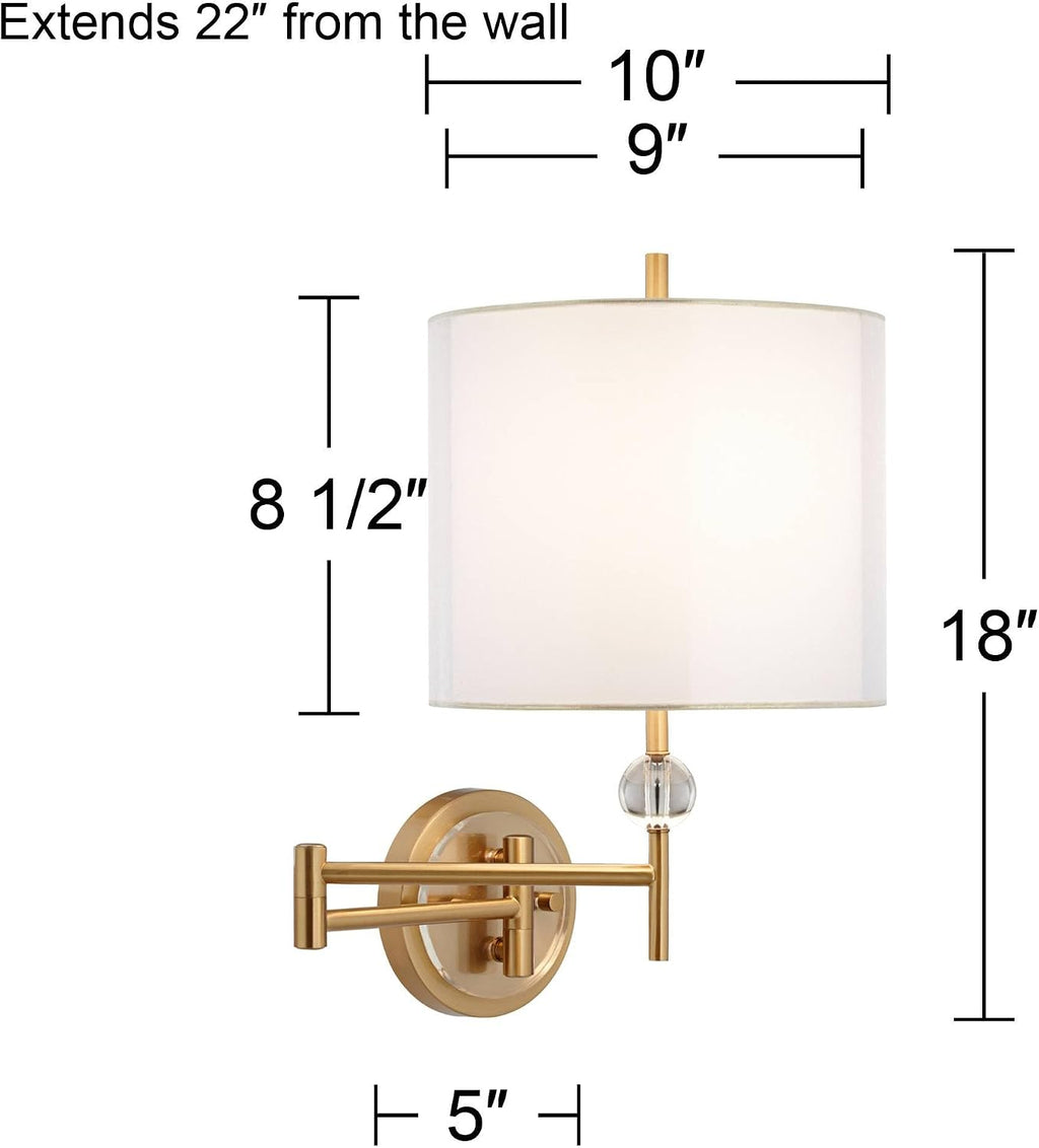 Possini Euro Design Kohle Modern Swing Arm Wall Lamps Set of 2 Polished Brass Plug-in Light Fixture Sheer White Double Drum Fabric Shade for Bedroom Bedside Reading Living Room Home Hallway Dining