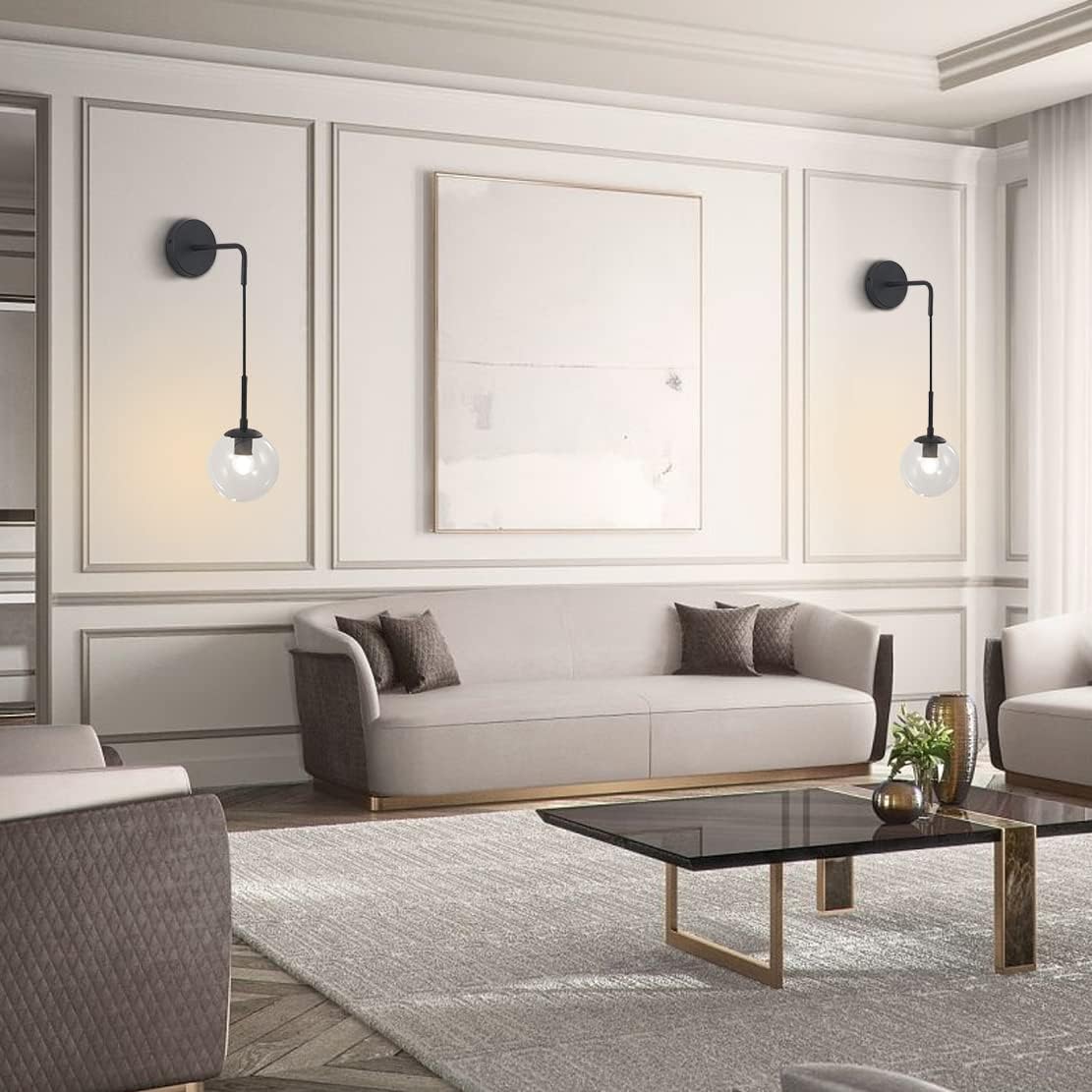 BOKT Mid Century Modern Black Wall Sconce Light Set of Two Clear Glass Globe Ball Wall Lighting Set of 2 Minimalist Adjustable Bedside Wall Lamp 1-Light Vanity Bathroom Wall Light Fixture (Clear)
