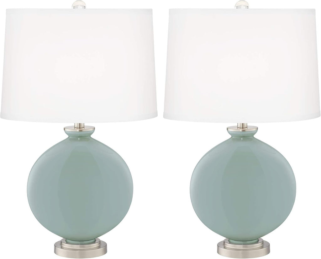 Color + Plus Carrie 26 1/2' Tall Round Modern Coastal Table Lamps Set of 2 Aqua-Sphere Blue Brushed Nickel Finish Glass White Shade Living Room Bedroom Bedside Nightstand House Office Home Reading