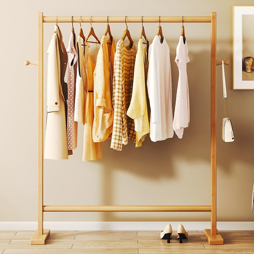 Bamboo Clothing Garment Rack with Side Hooks, Freestanding Clothes Rail for Hanging Clothes, Clothes Organizer for Bedroom, Laundry Room (Color : Natural, Size : 60x40x162cm)