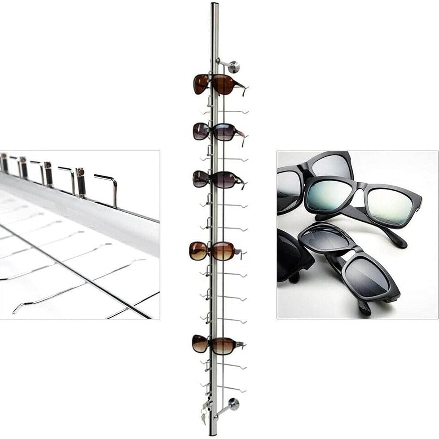 10Pcs Aluminum Sunglass Holder with Lock Wall-Mounted Sunglasses Rack Organizer Storage Eyewear Glasses Display Stand Eyeglass Decorative Display Rod,Hold 9 Frames