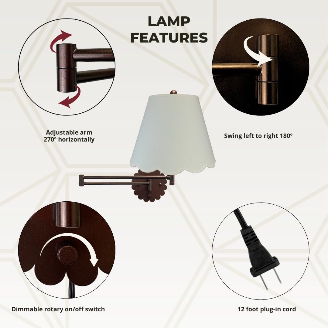Royal Designs, Inc. Set of 2 Scalloped Swing-Arm Dimmable Wall Lamp - Oil Rubbed Bronze Lamp with Linen Eggshell Scallop Hardback Lampshade