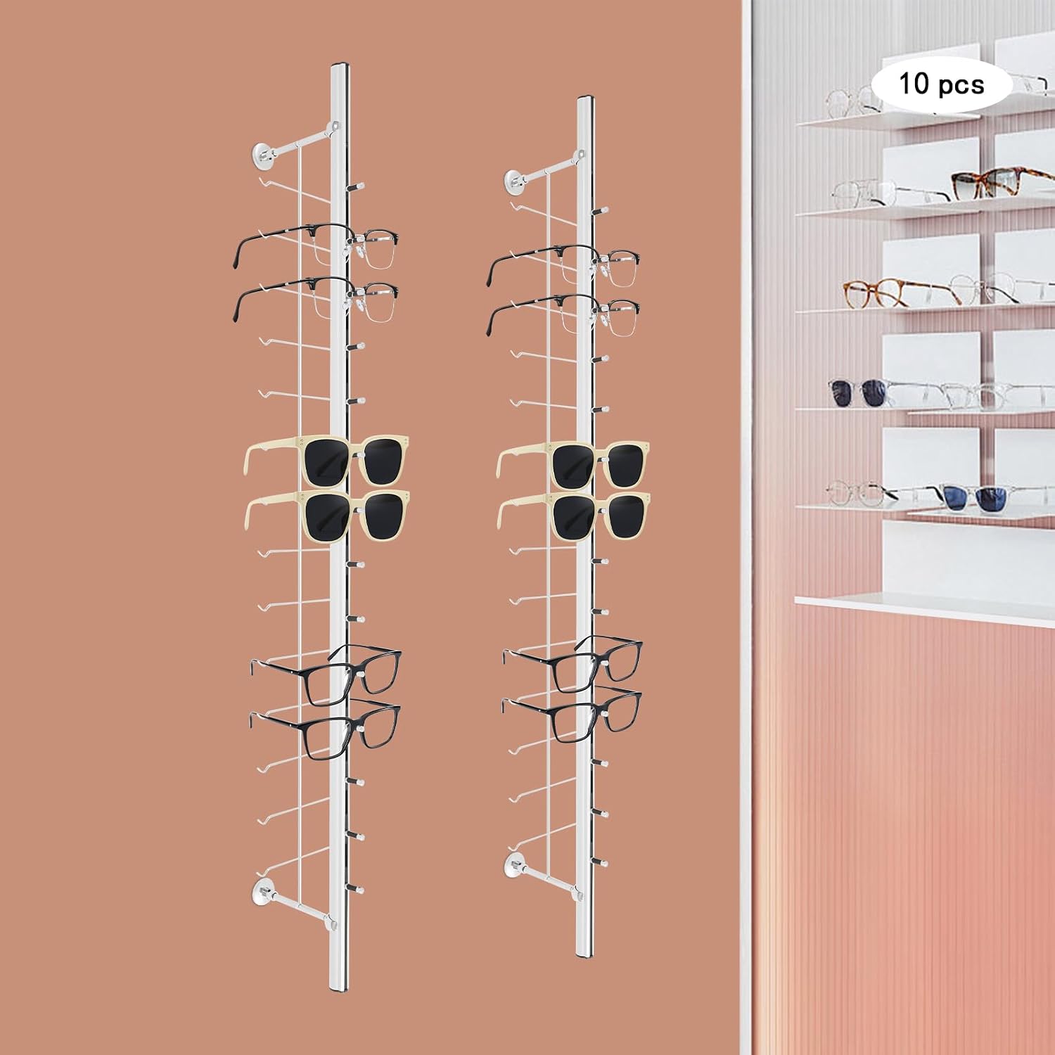 10Pcs of Set Wall-Mounted Eyeglasses Display Rack Sunglasses Display Stand Holder Aluminum Alloy Eyewear Sunglasses Storage Organizer