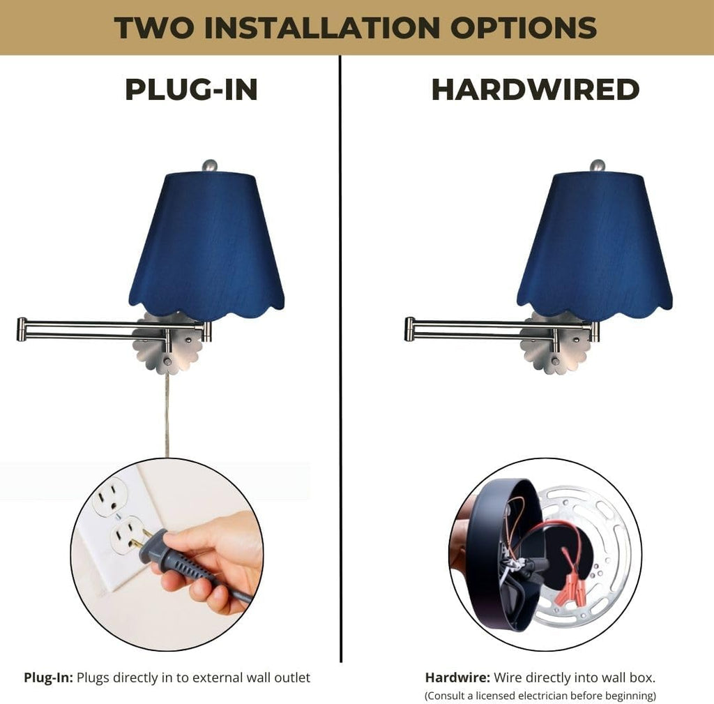 Royal Designs, Inc. Set of 2 Scalloped Swing-Arm Dimmable Wall Lamp - Brushed Nickel Lamp with Navy Blue Scallop Hardback Lampshade