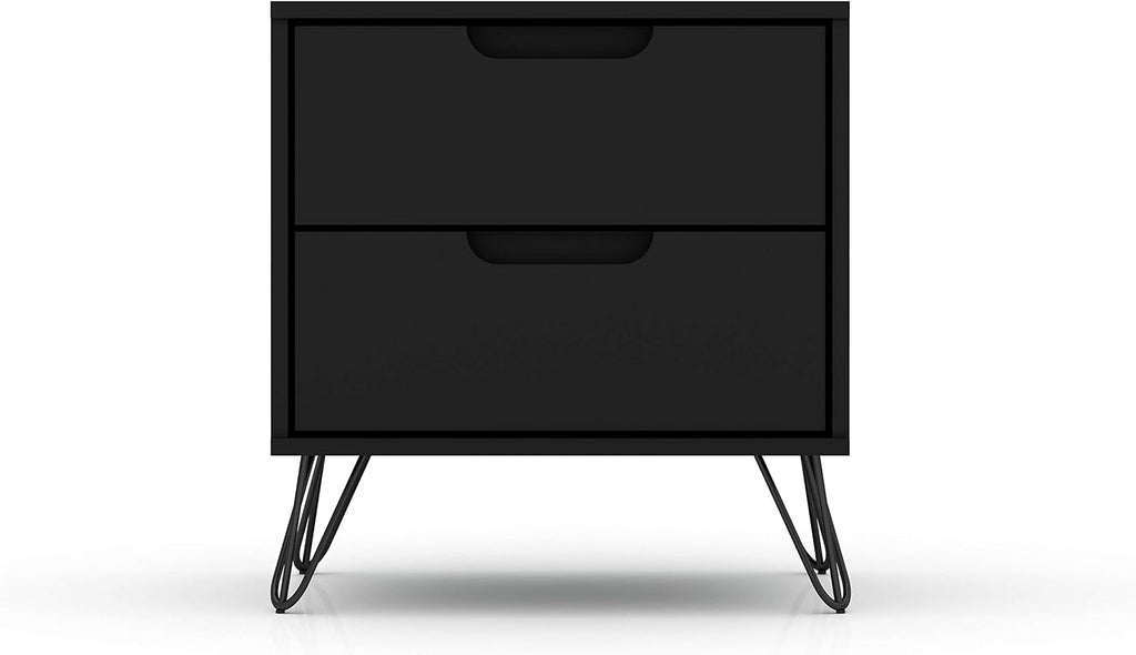 Manhattan Comfort Rockefeller Nightstand with Drawers, Mid Century Modern Bedside Table, Minimalist Display and Storage Organizer, Ideal for Bedroom and Living Room, Black