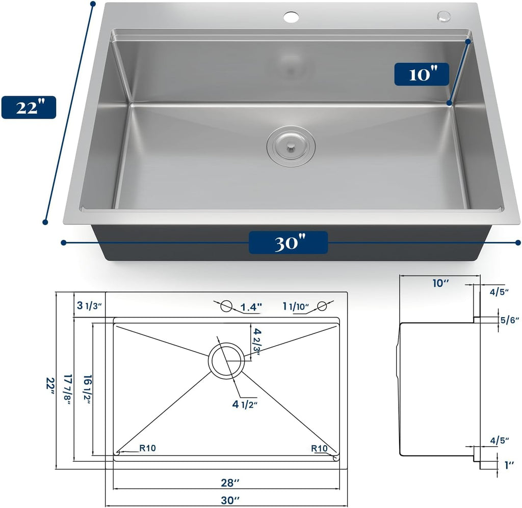 Senfot 30 Inch Drop In Kitchen Sink, Topmount Kitchens Bar Sink with Single-tier Track, Stainless Steel Single Bowl Sinks with Drain Strainer, Bottom Rise Grid, Full Accessories, Brushed Nickel