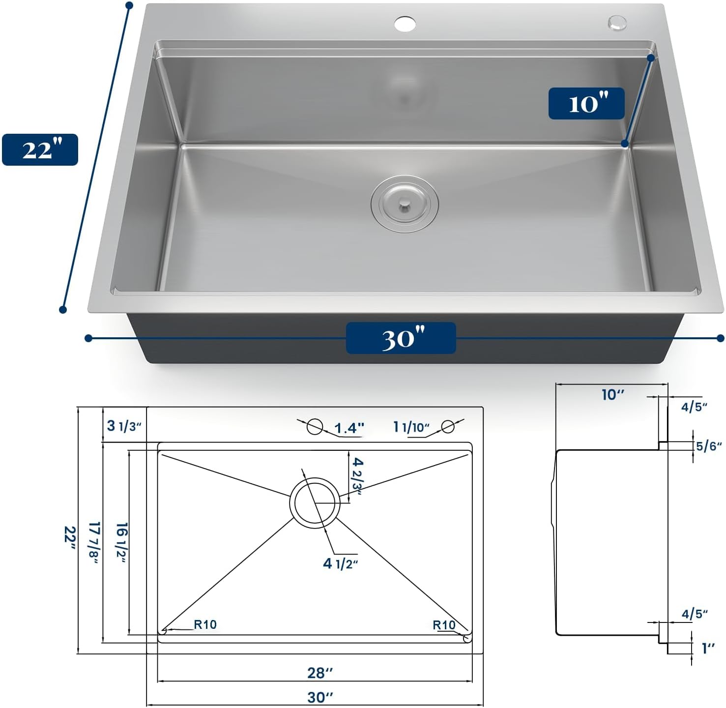 Senfot 30 Inch Drop In Kitchen Sink, Topmount Kitchens Bar Sink with Single-tier Track, Stainless Steel Single Bowl Sinks with Drain Strainer, Bottom Rise Grid, Full Accessories, Brushed Nickel