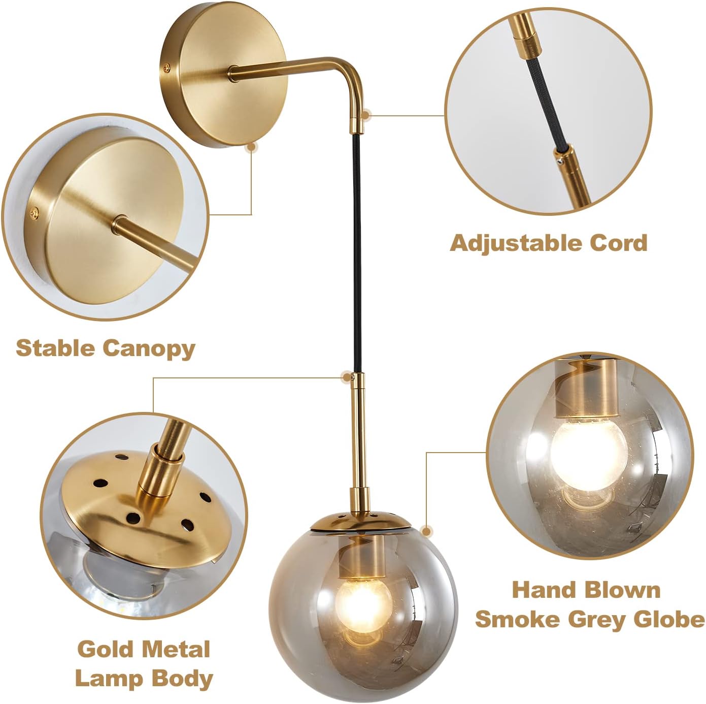 KCO Lighting Modern Glass Globe Wall Sconce Minimalist Gold Wall Mounted Sconce Light with Smoke Grey Lampshade Round Wall Lamp for Bathroom Mirror Bedroom (Smoke Grey-2PC)