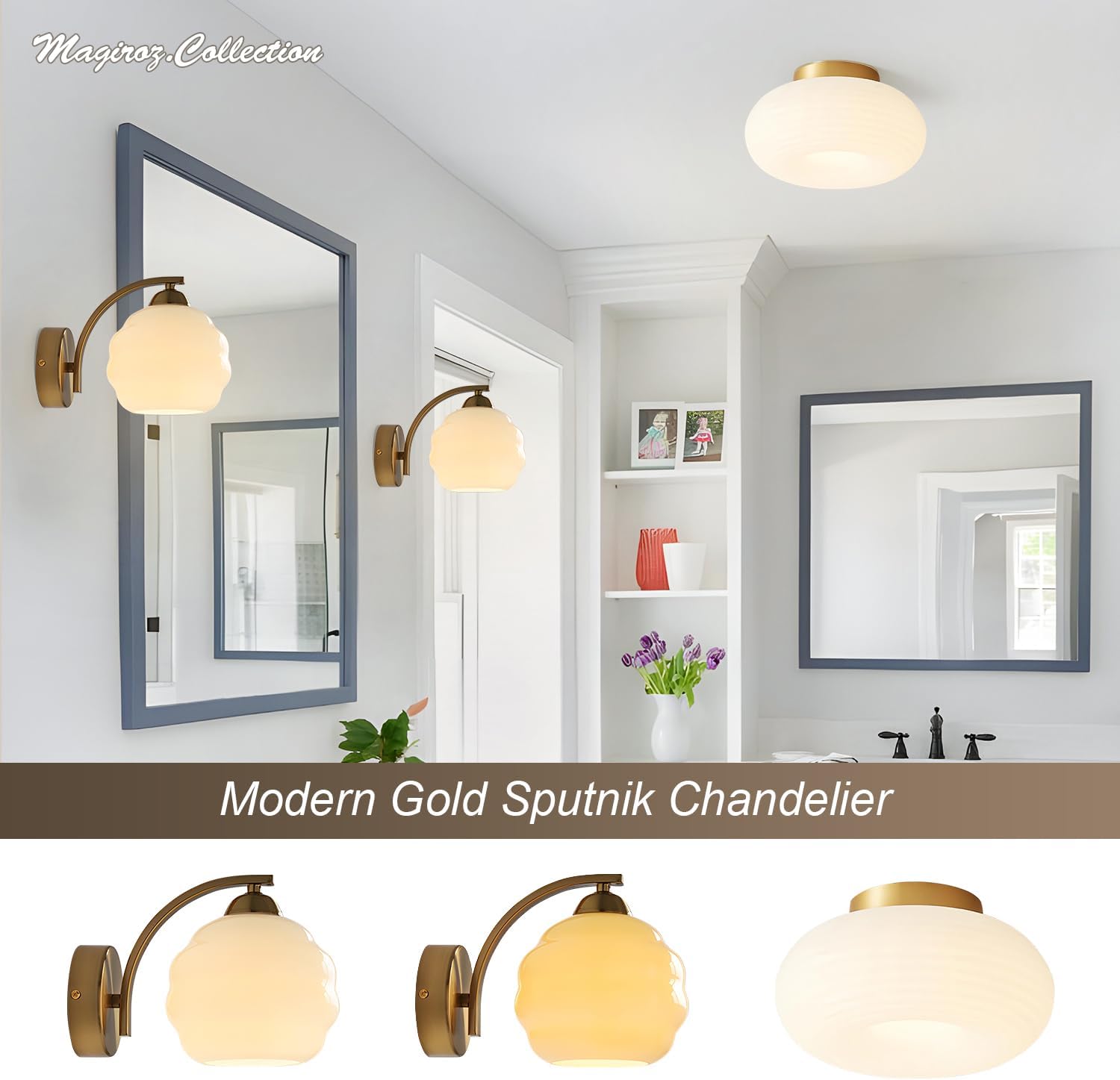 Gold Wall Sconces Set of 2 Modern Industrial Bathroom Vanity Sconces Wall Lighting Indoor Brushed Brass Wall Sconces Golden Globe Glass Wall Lamp for Bedroom, Living Room MCL13W-2 (2Pack)