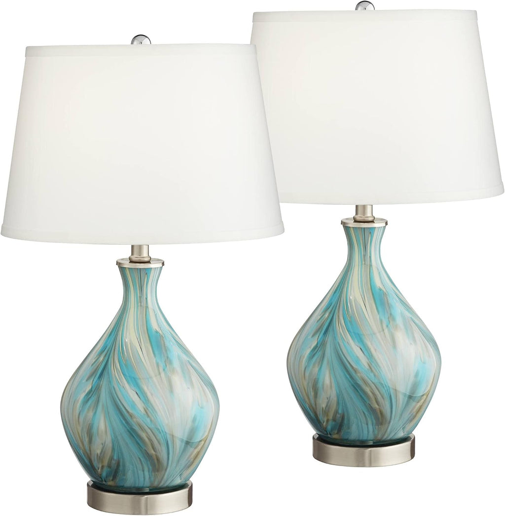 360 Lighting Cirrus 22' High Vase Small Modern Coastal Accent Table Lamps Set of 2 Blue Gray Handcrafted Art Glass White Shade Living Room Bedroom Bedside Nightstand House (Colors May Vary)