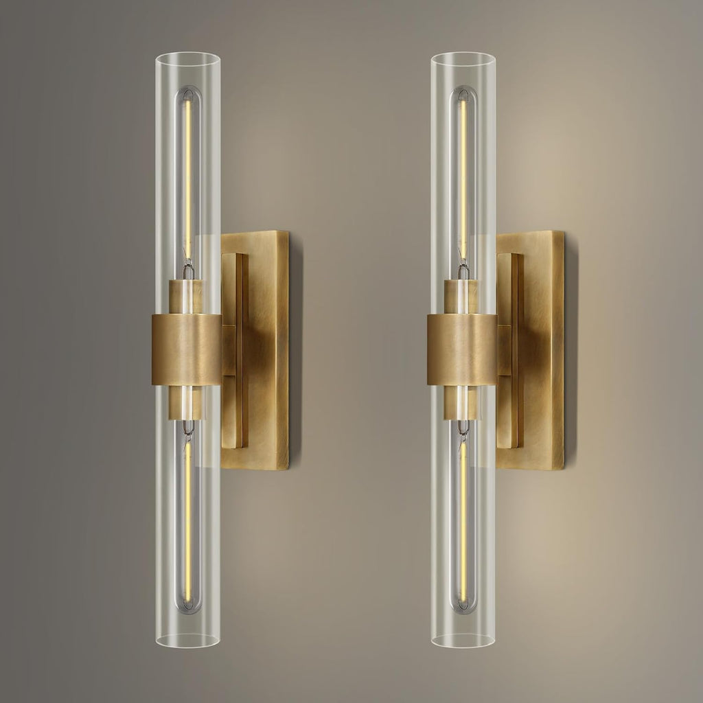 Wall Sconces Set of 2, Gold Wall Lighting Fixtures with Clear Glass, Mounted Lamps for Bedroom, Bathroom, Living Room, Hallway