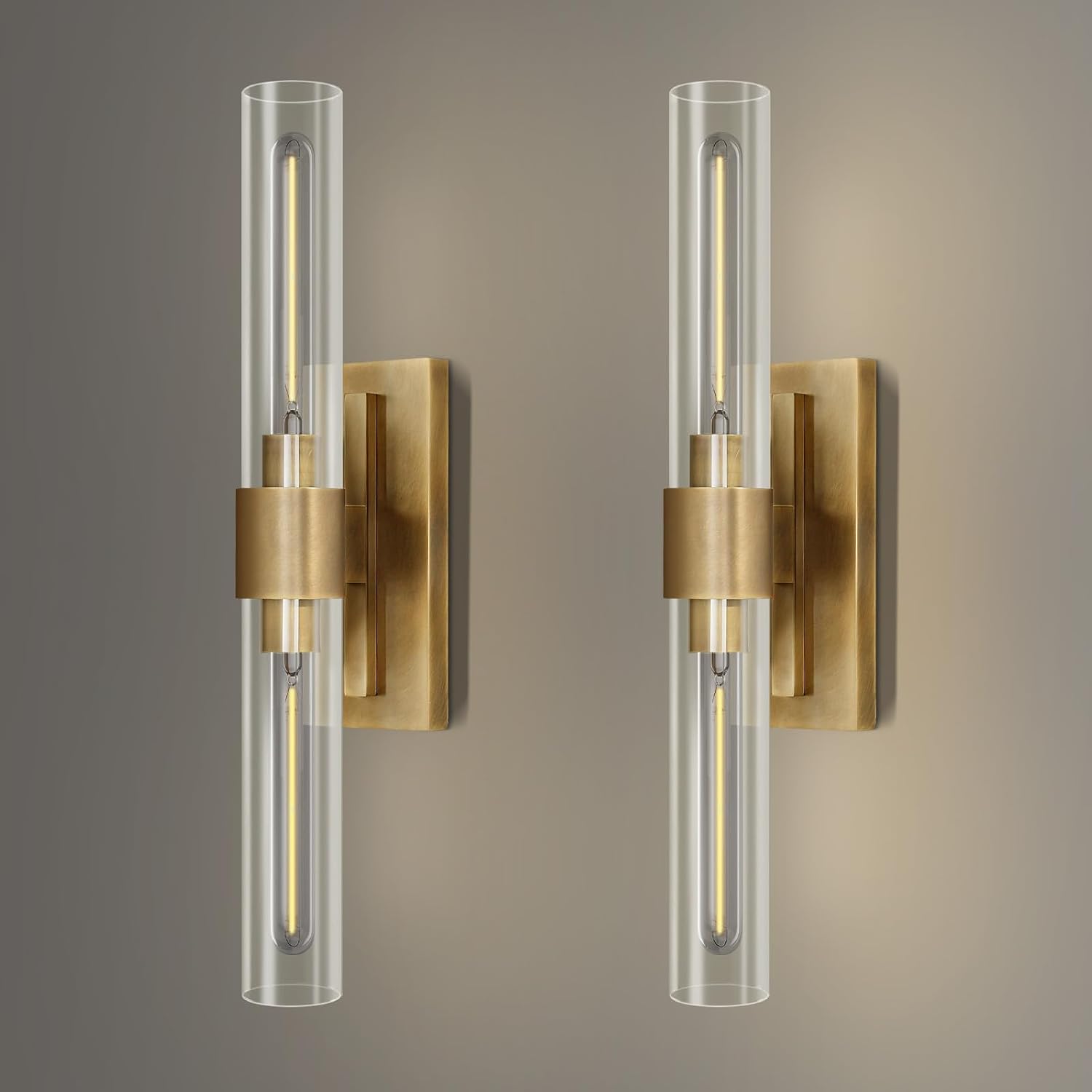 Wall Sconces Set of 2, Gold Wall Lighting Fixtures with Clear Glass, Mounted Lamps for Bedroom, Bathroom, Living Room, Hallway