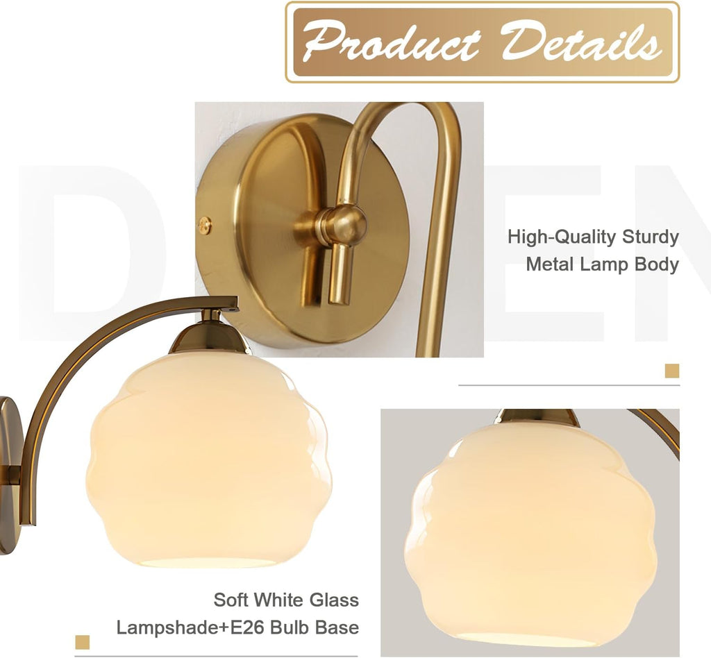 Gold Wall Sconces Set of 2 Modern Industrial Bathroom Vanity Sconces Wall Lighting Indoor Brushed Brass Wall Sconces Golden Globe Glass Wall Lamp for Bedroom, Living Room MCL13W-2 (2Pack)