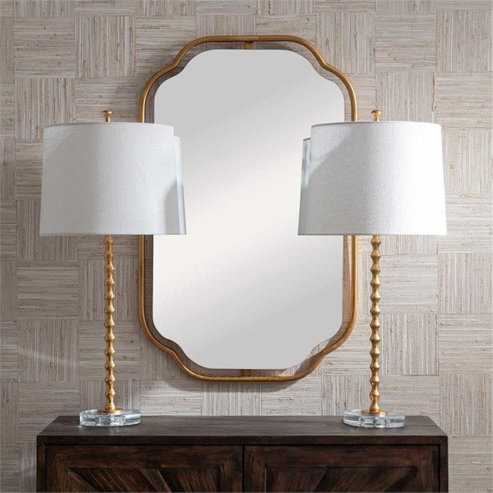 BOWERY HILL Coastal Metal Table Lamp Set of 2, 29 in Tall, Gold Leaf Finish, White Ivory Linen Shade, Crystal Base, Contemporary Transitional Style, Elegant Lighting for Living Room or Bedroom