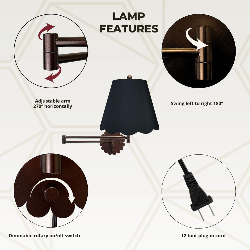 Royal Designs, Inc. Set of 2 Scalloped Swing-Arm Dimmable Wall Lamp - Oil Rubbed Bronze Lamp with Black Scallop Hardback Lampshade
