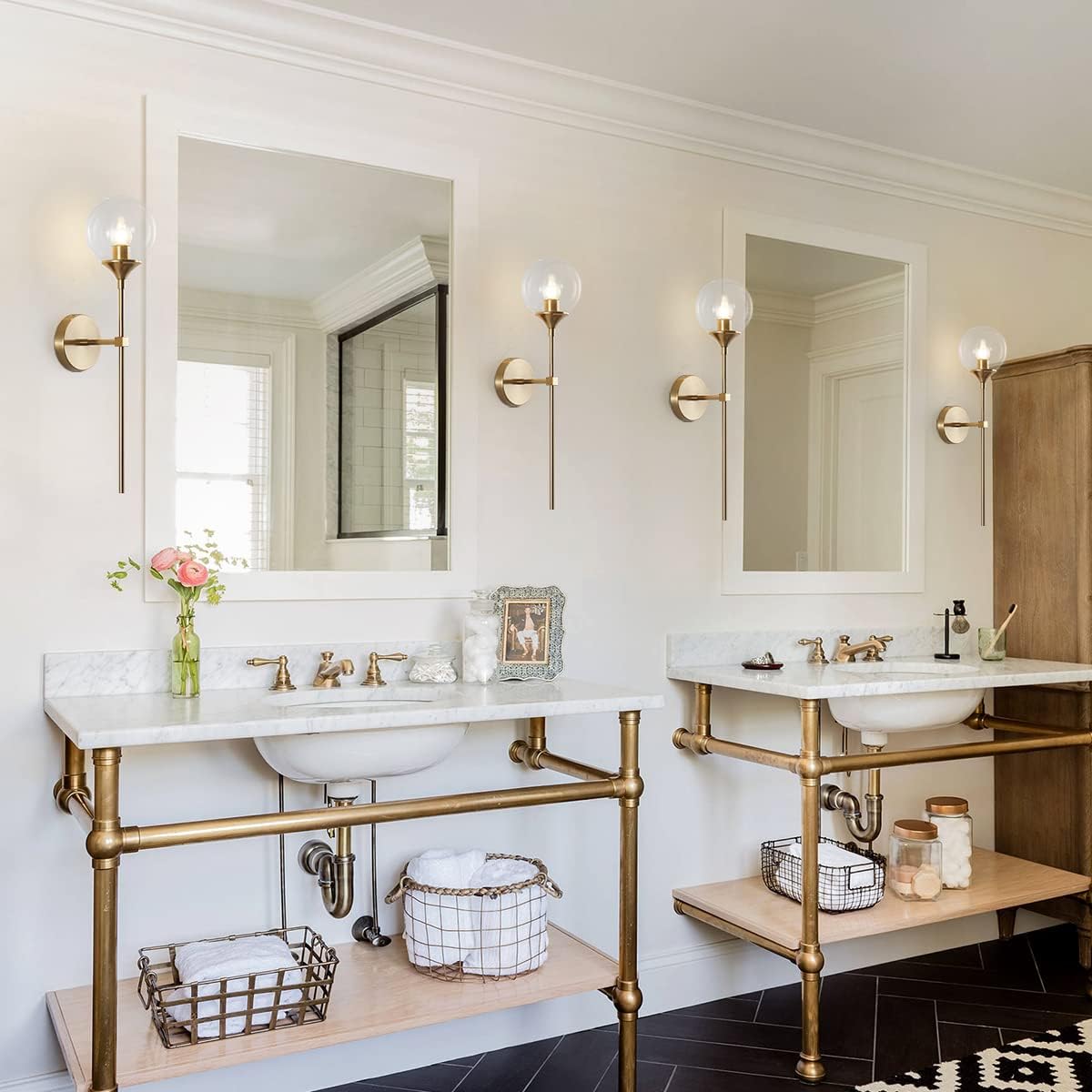 BOKT Clear Bubble Glass Globe Wall Mounted Sconce Light Set of 2 Modern Brass Gold Long Pole Wall Sconce Lighting Set of Two Mid Century Vintage Bathroom Mirror Wall Lamp (Clear)