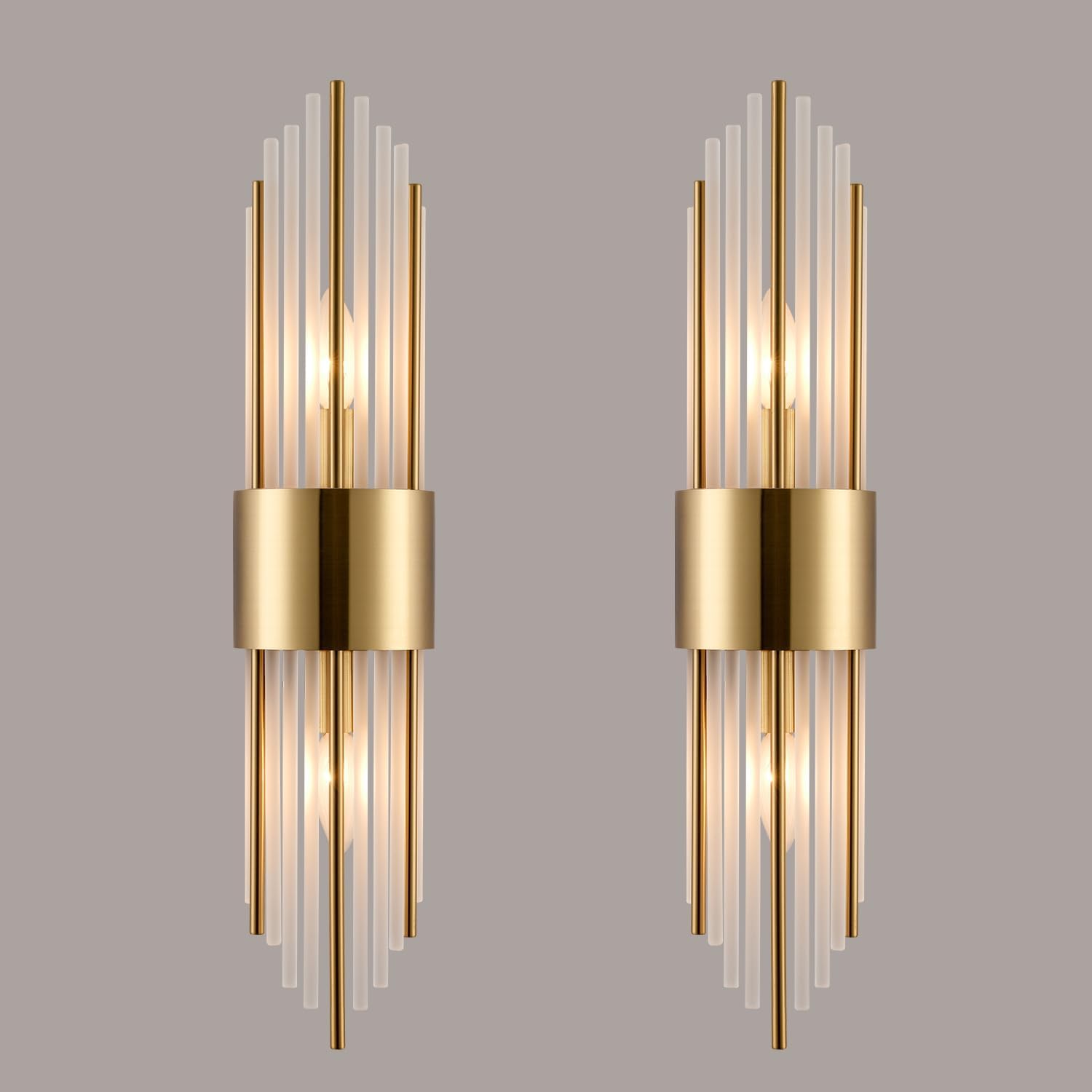 2-Light Modern Crystal Wall Sconces Titanium Gold Vanity Wall Light with Frosted Glass Luxury Set of 2 Wall Light Fixtures for Bedroom Living Room Dining Room Vanity Mirror Light