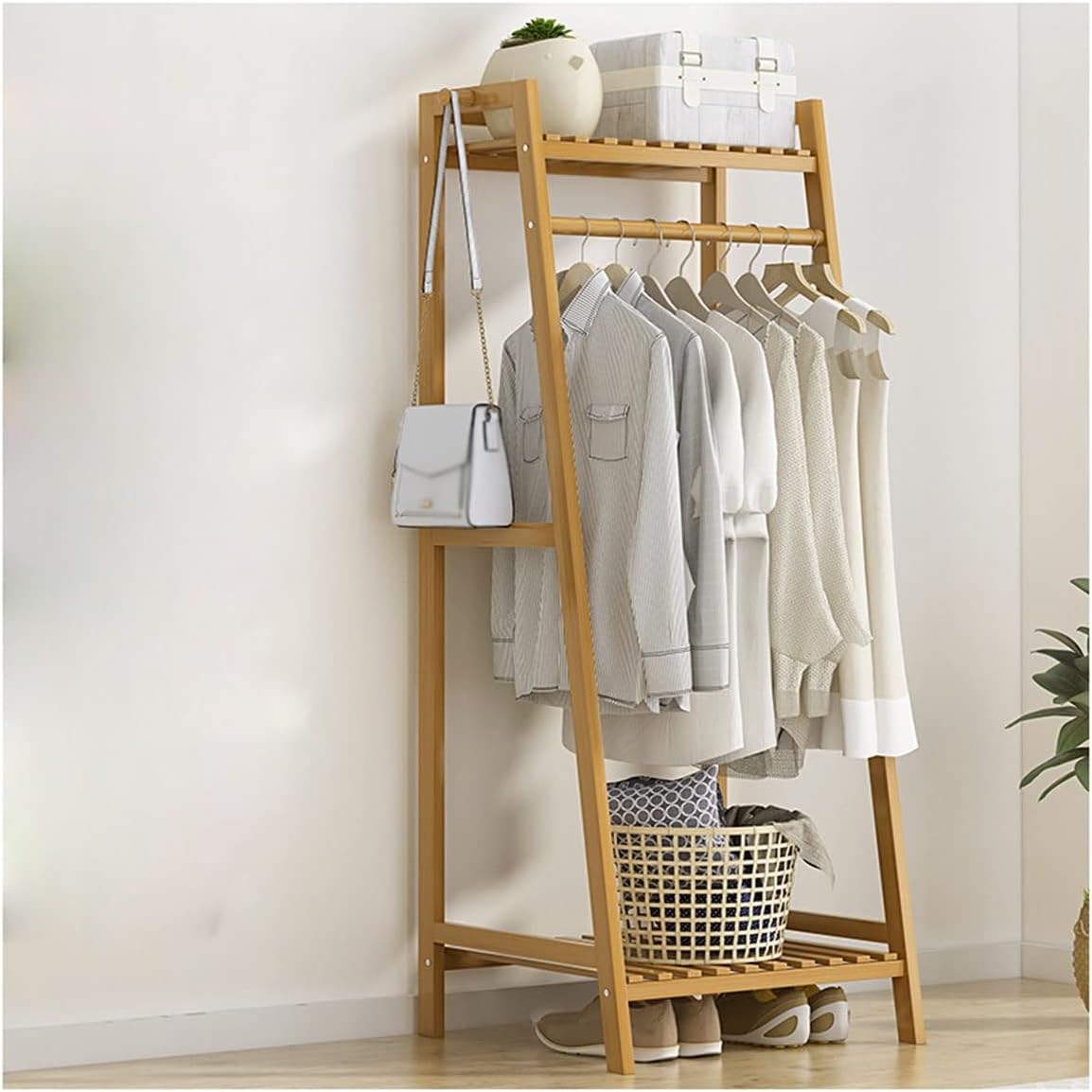 Bamboo Garment Rack with Shelf, Hanging Coat Rack for Clothes Coats Shoes, for Living Room Bedroom Entryway, Space Saver (Natural 50cm)