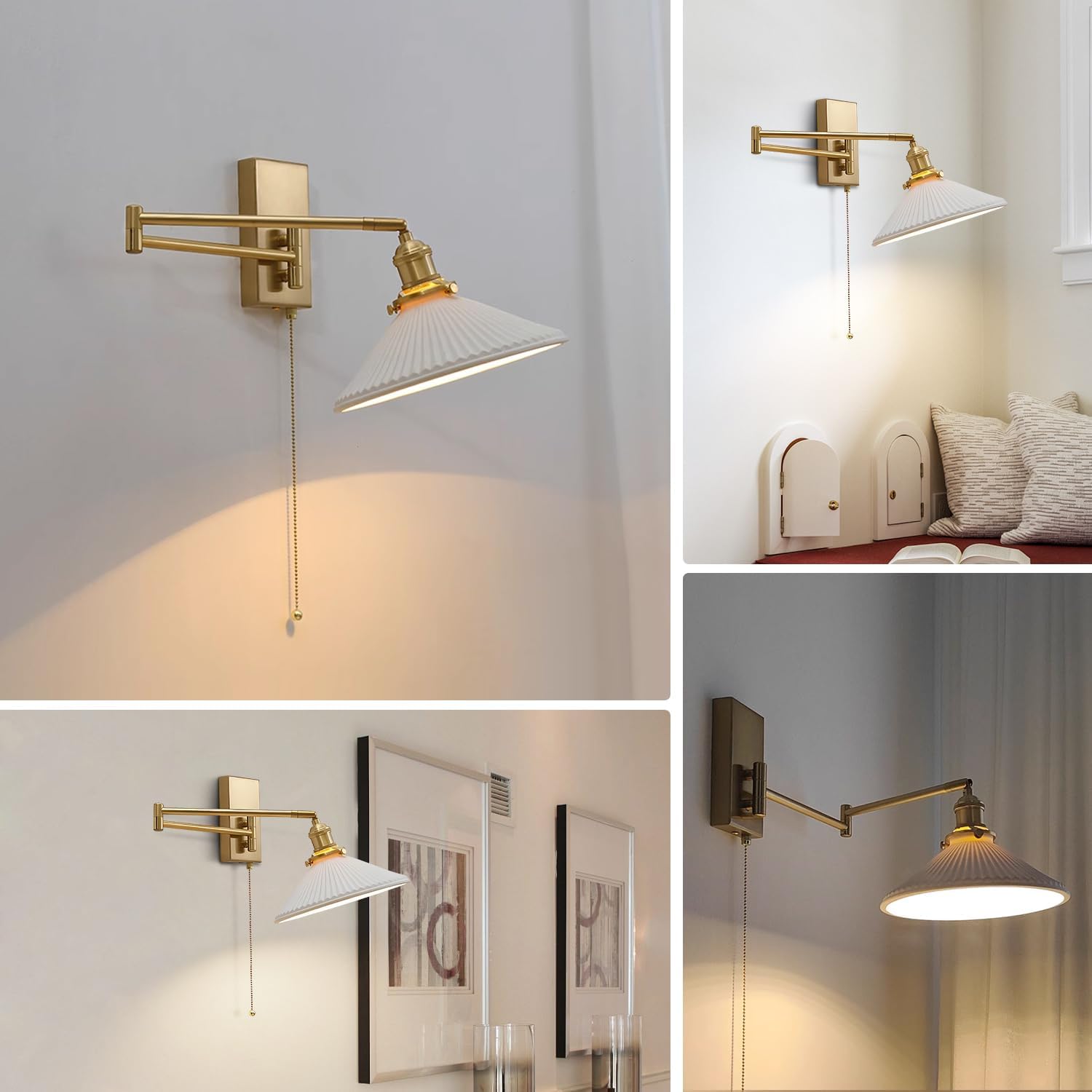 Swing Arm Sconces 2pk, Brushed Gold Hardwired Wall Lamp Pull Chain | Adjustable swing arm wall sconces in brushed gold with frosted glass; 180° rotation for bedside and vanity use; E26 base