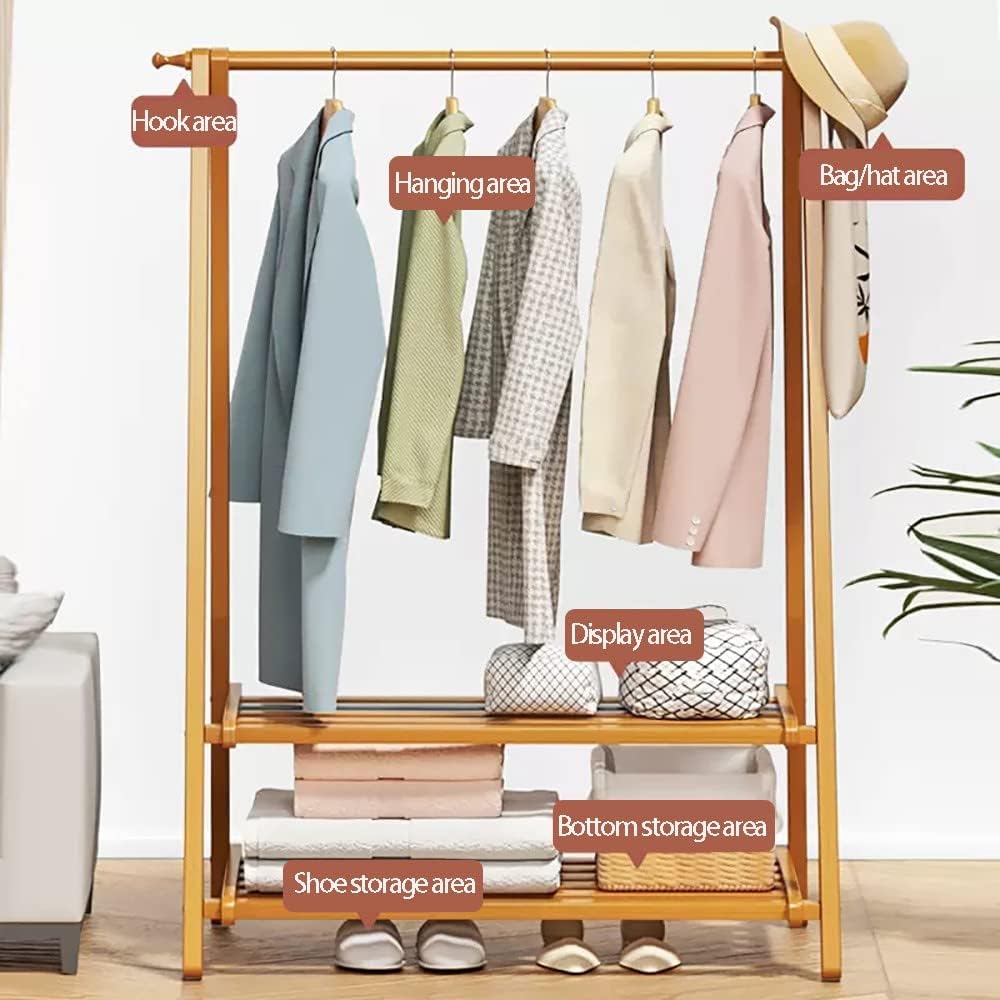Heavy Duty Bamboo Clothing Rack with Coat Rail & Shoe nizer Shelf - 2 Tier Wardrobe Stora Stand for Hanging Clothes, Stylish & Garment nizer