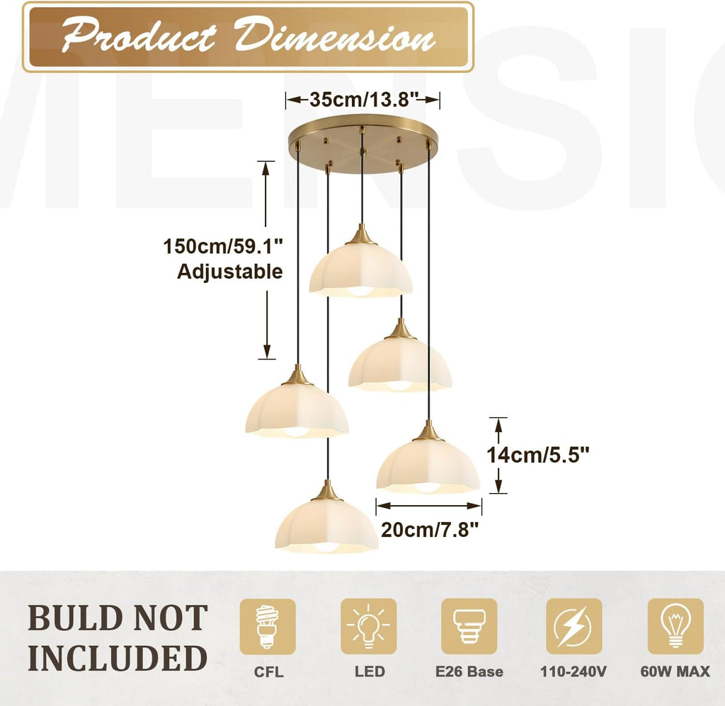 Modern 5 Light Brushed Gold Pendant Lighting Mid Century Milk Glass Cluster Pendant Lights Kitchen Island Adjustable Brass Hanging Chandelier Vintage White Ceramic Light Fixture MPL17-5R GD