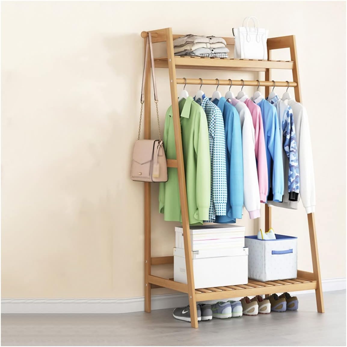 Bamboo Clothes Hanging Rack with 2 Tier Storashelves Portable Organizer Garment Rack for Corridor Bedroom Retail Store/Primary Color/50 * 42 * 140Cm