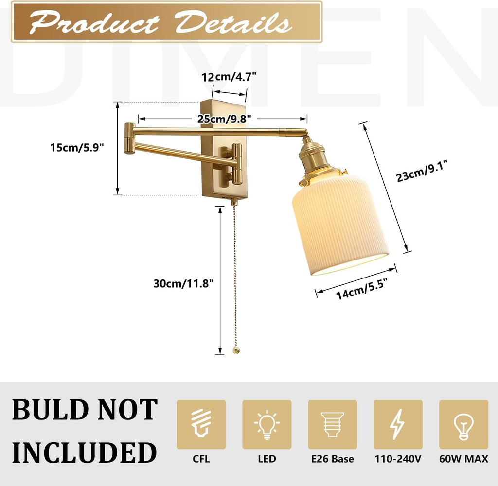 Vintage Antique Brass Wall Sconces Set of Two Gold Modern Farmhouse Wall Lighting Indoor Wall Mount Swing Arm Lamps with Pull Chain Bathroom Sconces Set of 2 Milk Glass Wall Lights MWL14C-2