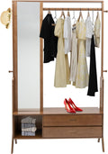 Bamboo Wooden Garment Rack, Freestanding Closet Organizers and Storage Drawers with Mirror & Hooks, Coat Rack, Open Wardrobe for Entryway - Overall Size: 40.5 * 13 * 66.5in, Brown