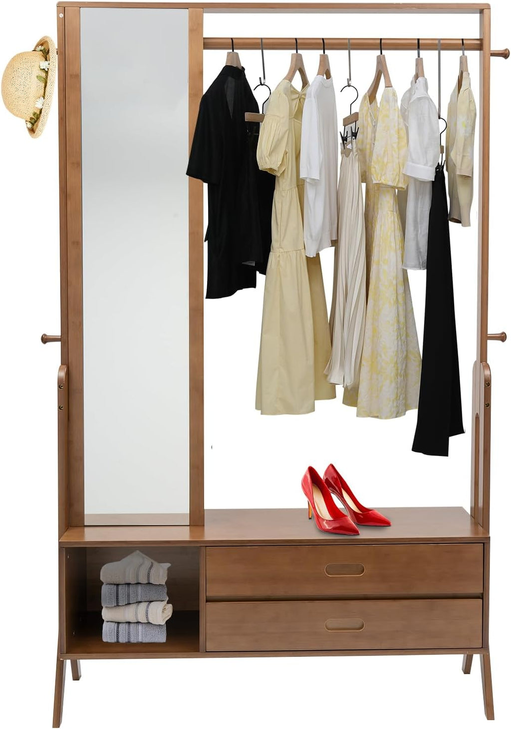Bamboo Garment Rack, Freestanding Closet Organizer and Storage, Open Wardrobe for Entryway Full Body Mirror 220 lb Load Bearing for Doorways, Corridors, Living Rooms, Bedrooms