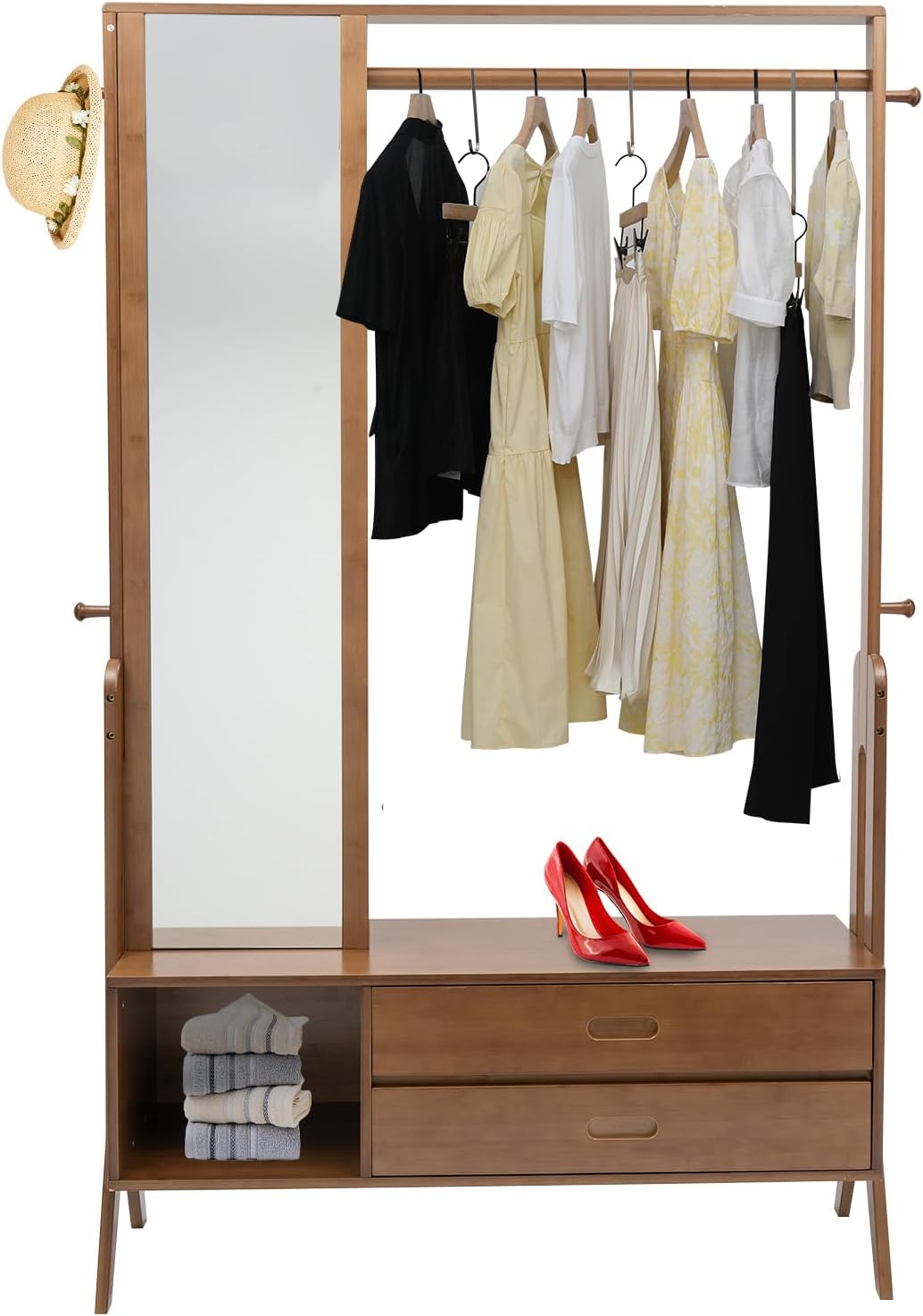 Bamboo Garment Rack, Freestanding Closet Organizer and Storage, Open Wardrobe for Entryway Full Body Mirror 220 lb Load Bearing for Doorways, Corridors, Living Rooms, Bedrooms