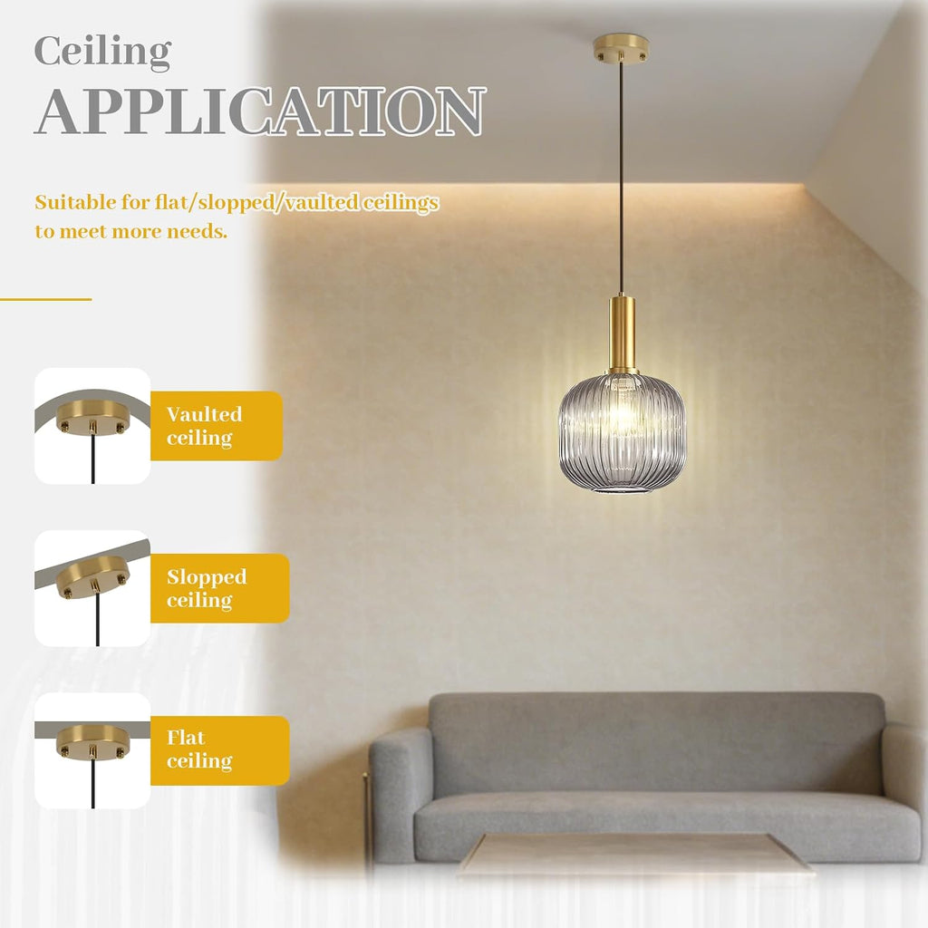 Smoke Gray Glass Pendant Lighting Kitchen Island Vintage Gold Pendant Lamp Mid Century 1-Light Adjustable Pendant Light Fixture Above Kitchen Sink Dining Table Bar Counter