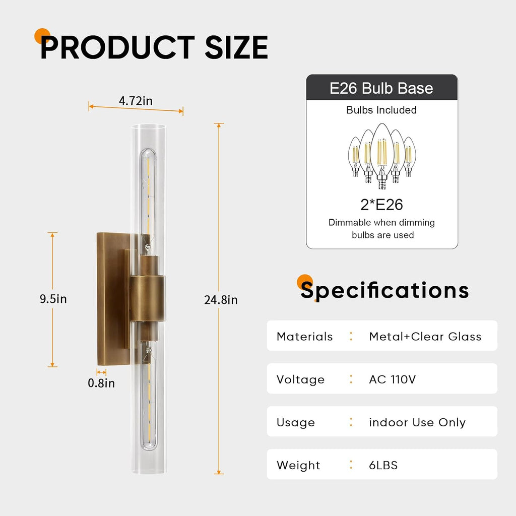 24.8' L Minimalist Style Wall Sconces Set of 2, Brass Wall Lights Fixtures Morden Cylinder Wall Light for Bathroom Vanity Light Indoor Wall Mounted Lamps for Living Room,Bedroom,Hallway