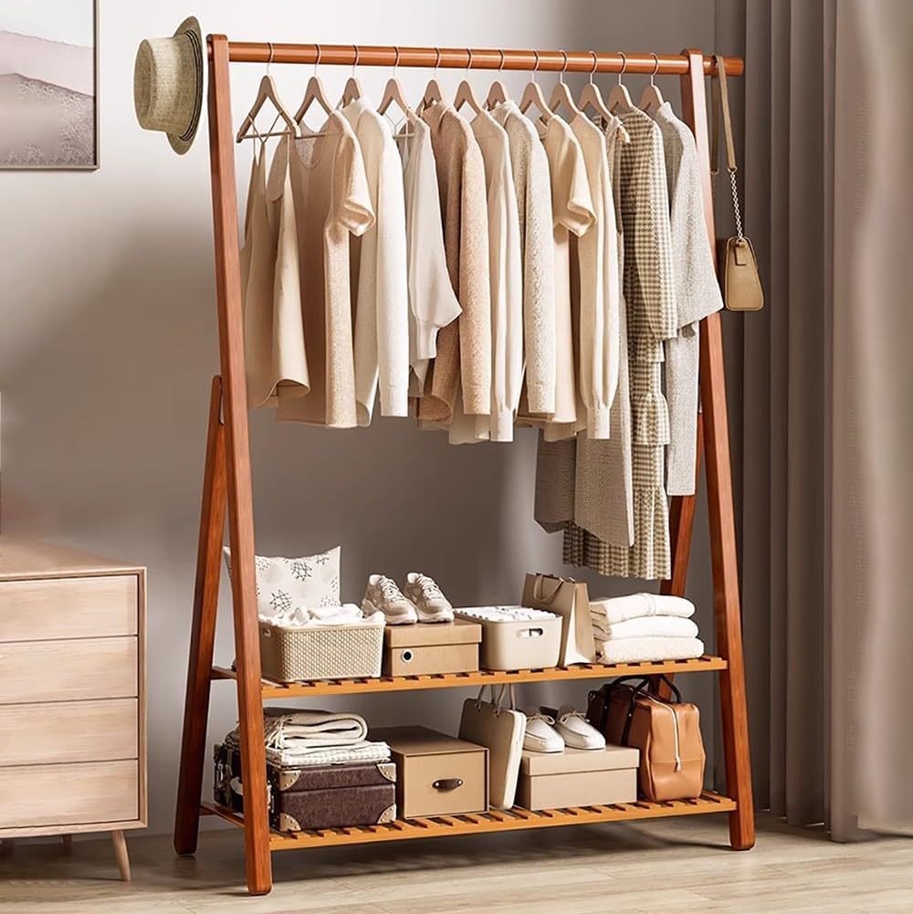 Bamboo Clothes Rail for Bedroom Storage Open Wardrobe with 2 Shelves Versatile Garment Rack for Hanging Clothes Towels Shoes & Boxes Space Saving nizer