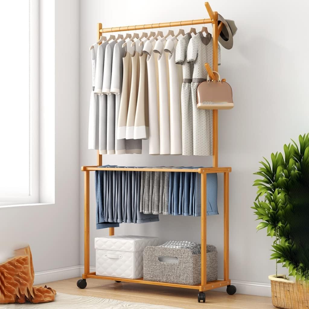 Large Bamboo Garment Rack, Hanging Shelves with Rollinge Wheels, Standing Clothes Storage Wardrobe/90 * 30 * 170Cm (80*30*170cm )