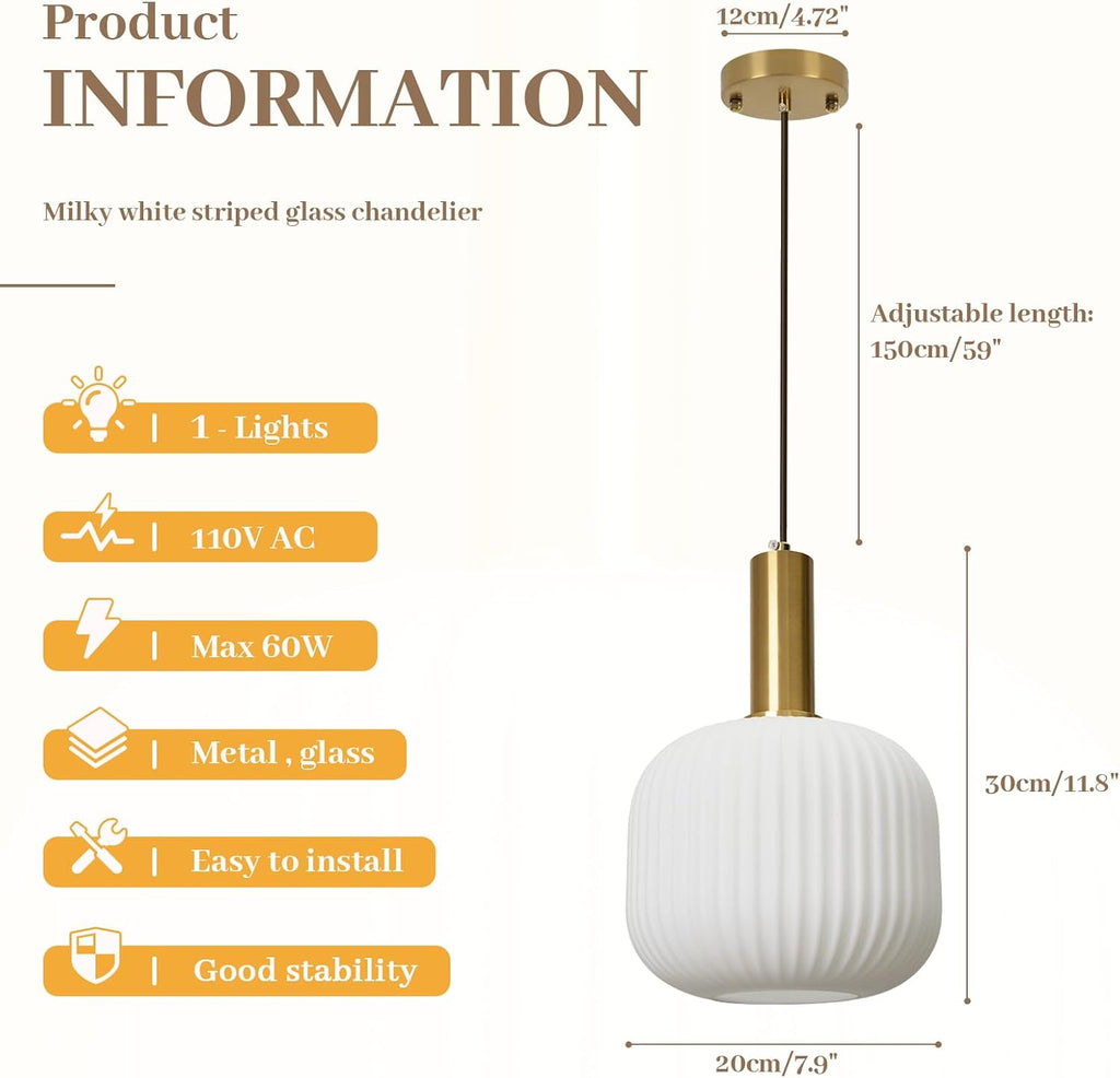 Milk Glass Pendant Light, Mid Century Modern Pendant Lighting with Striped Glass Globe, White and Gold Pendant Ceiling Light Fixture for Kitchen Island Dining Room Bedroom Hallway