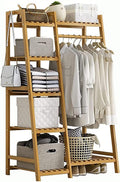 Heavy Duty Clothes Hanging Rack, Bamboo Garment Rack, 7-Tier Storage Shelves, Bedroom Wardrobe Closet Organizer