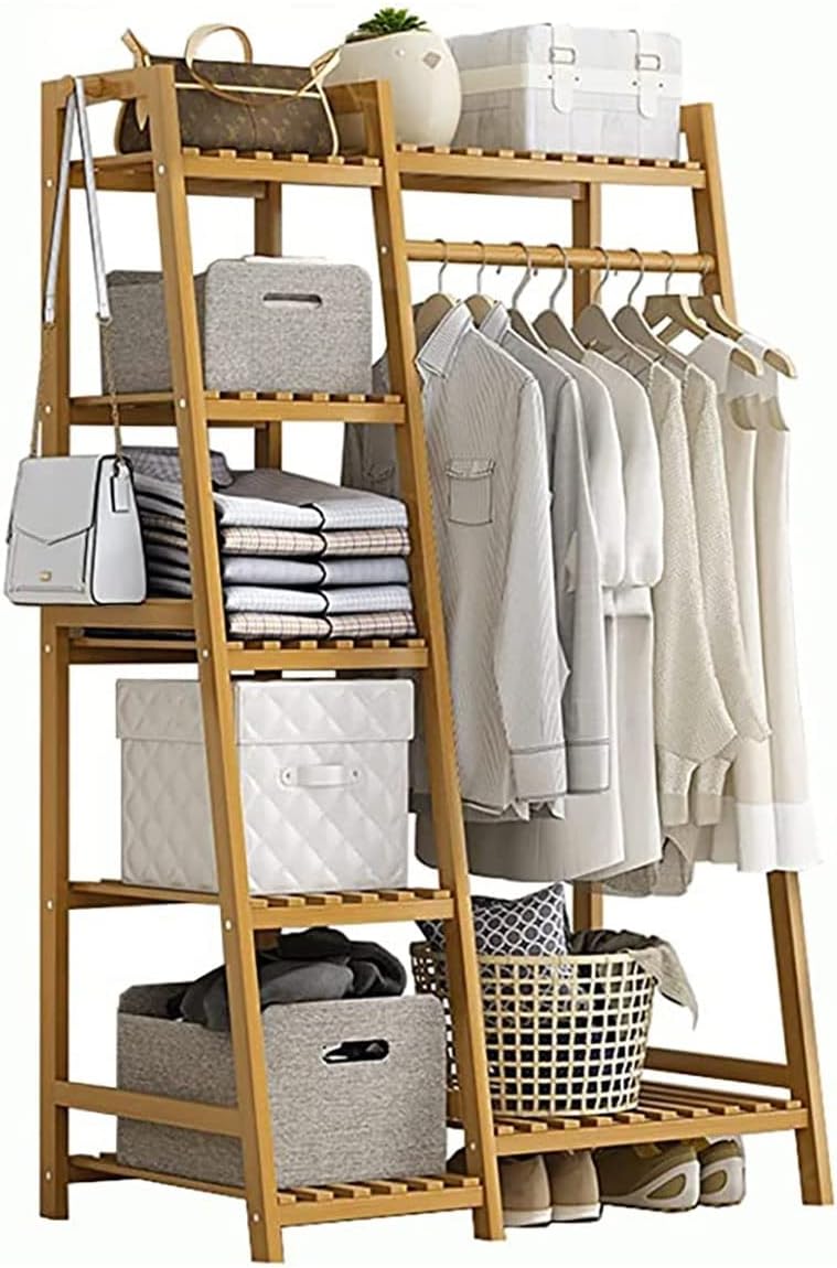 Heavy Duty Clothes Hanging Rack, Bamboo Garment Rack, 7-Tier Storage Shelves, Bedroom Wardrobe Closet Organizer