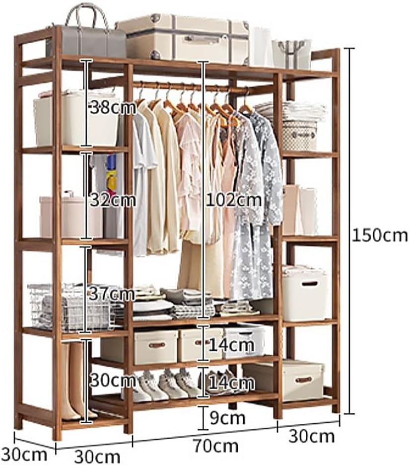 Natural Bamboo Clothes Rack - Freestanding Garment Stand with Hanging Rod, 2 Shelves & Hooks - Stylish Open Wardrobe nizer for Bedroom & Hallway Storage