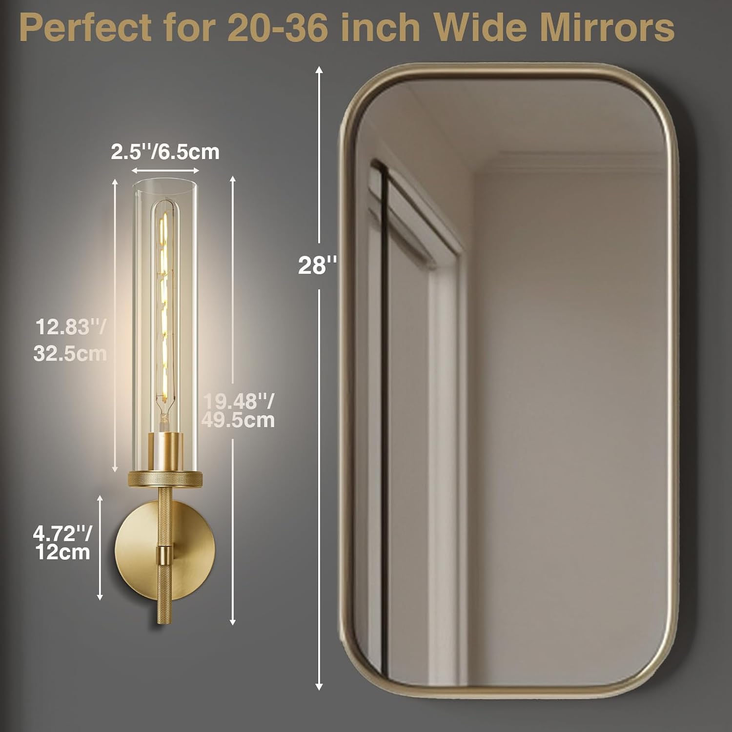 Gold Wall Sconces Set of Two, 19.48' Knurled Gold Wall Lighting with Glass Tube, Modern Brass Sconces Wall Lamp for Bedroom Living Room Bathroom Hallway Staircase & Vanity Mirror(Including Bulb)