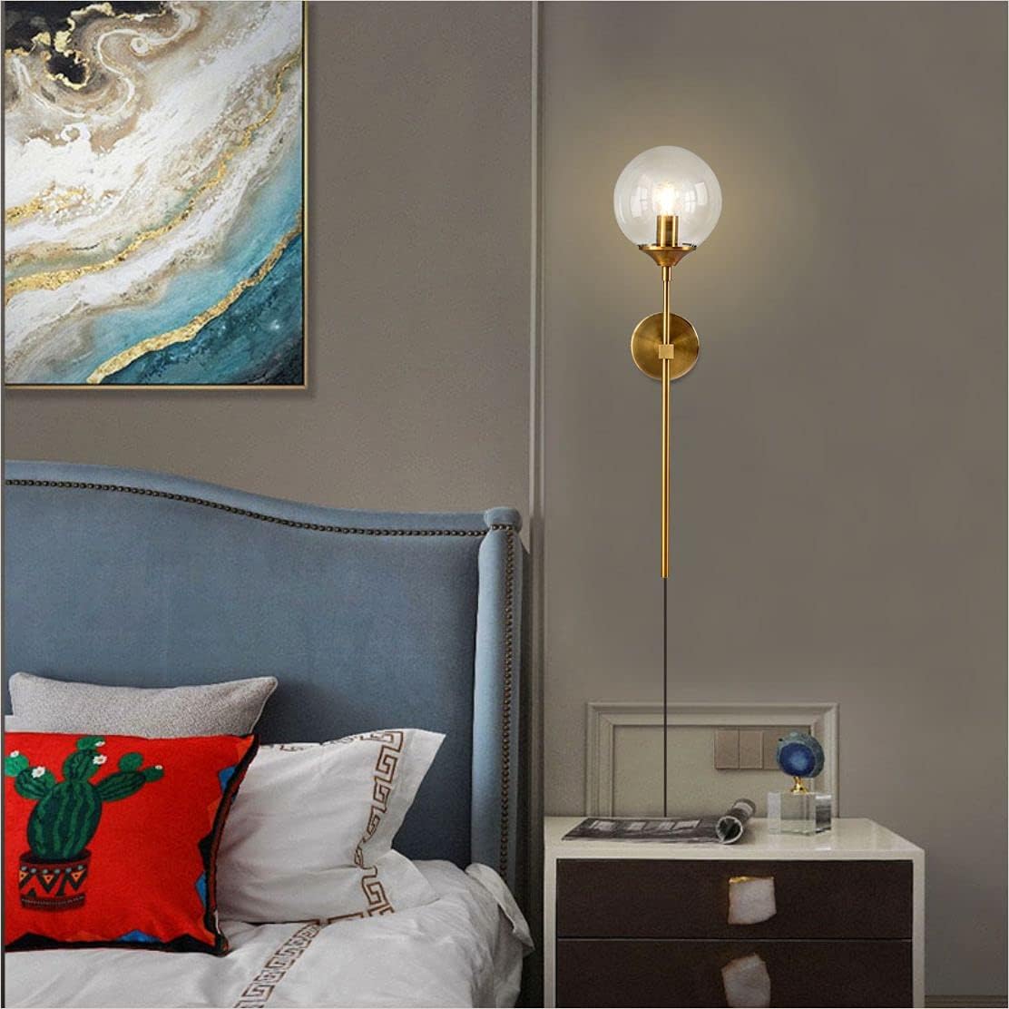 BOKT Modern Long Globe Plug in Wall Sconce Lighting Set of 2 Mid Century Brass Gold Wall Sconce Light Plug in Set of Two Clear Glass Bathroom Bedroom Wall Lamp (Clear-Plug in)