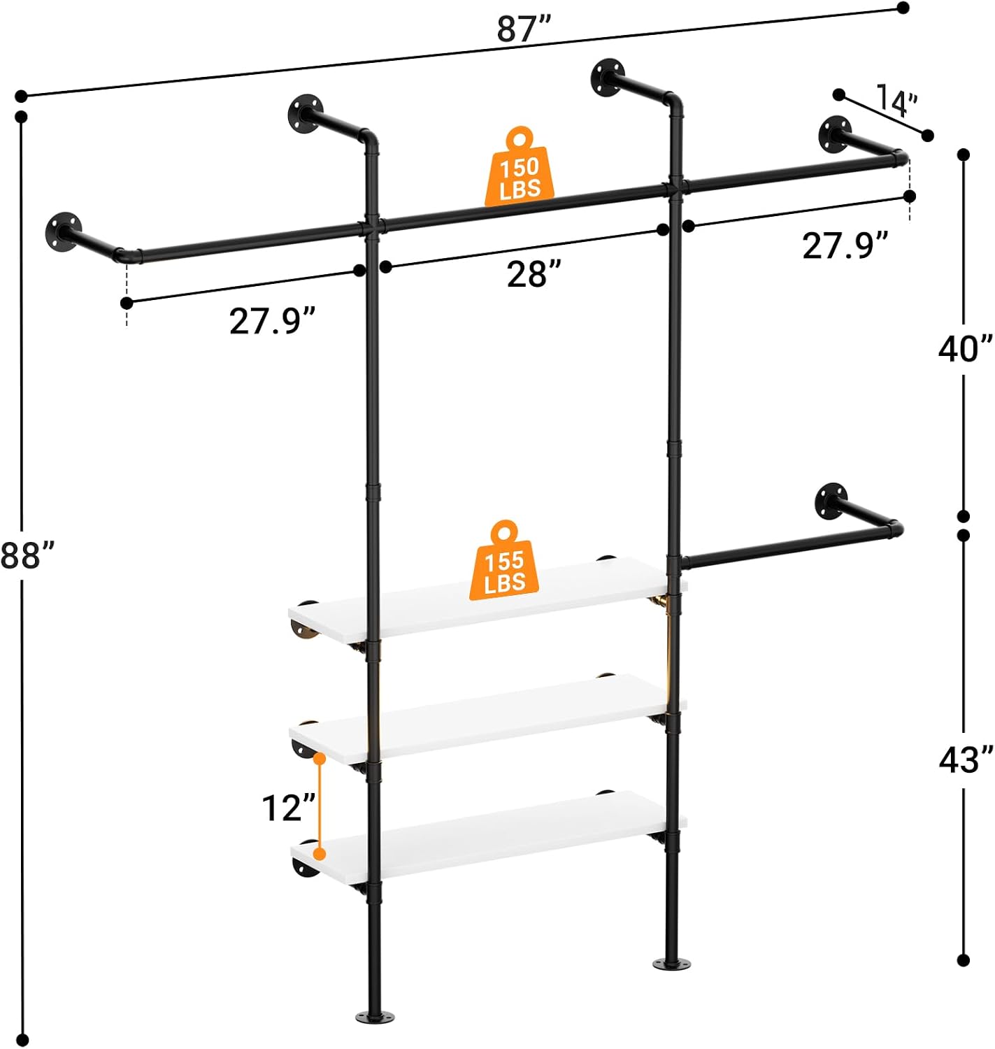 Cyclysio Industrial Pipe Clothing Rack, Reversible 7.25FT Wall Mounted Clothes Rack, Heavy Duty Garment Racks Closet Wardrobe with LED Lights& Shelves, Walk-in Closet System, White