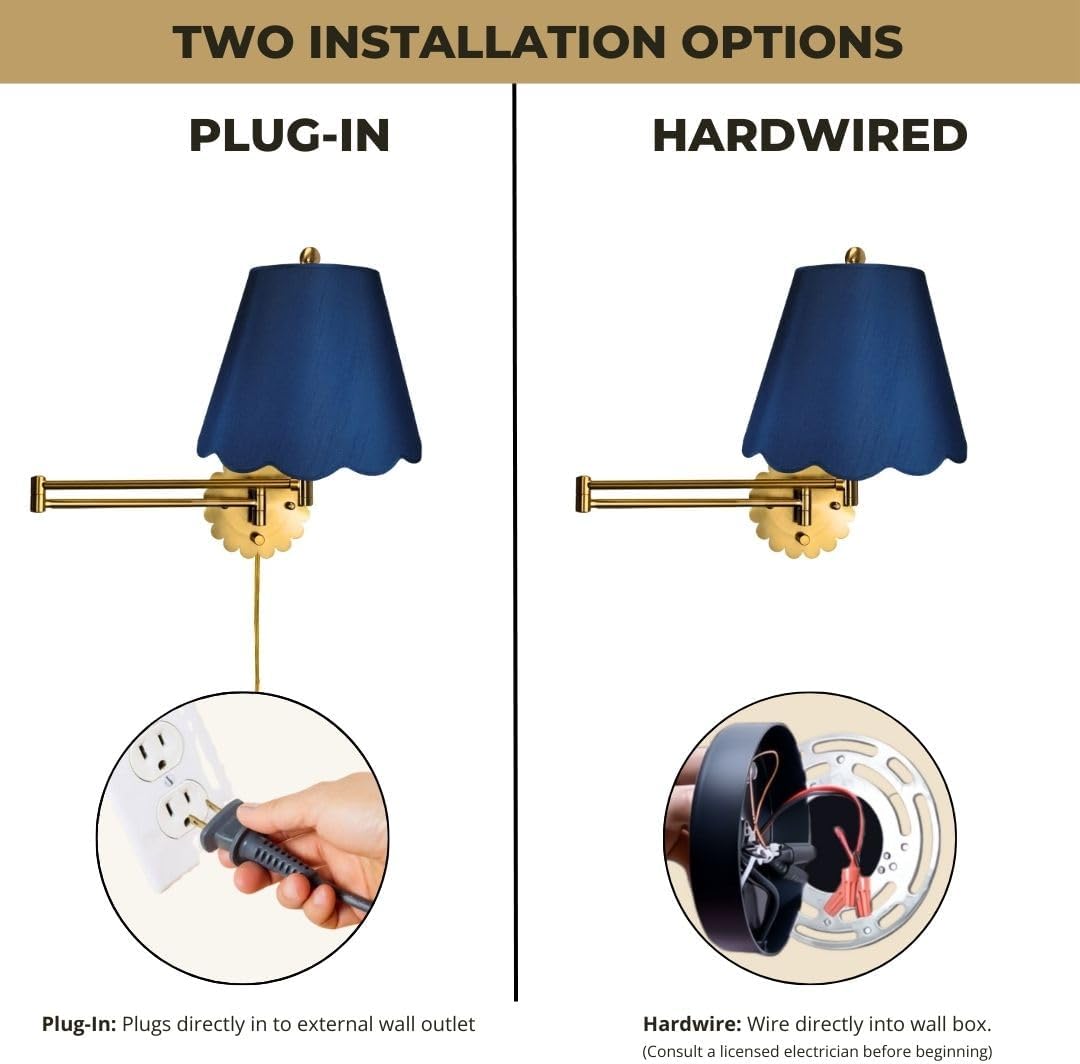 Royal Designs, Inc. Set of 2 Scalloped Swing-Arm Dimmable Wall Lamp - Brushed Satin Brass Lamp with Navy Blue Scallop Hardback Lampshade
