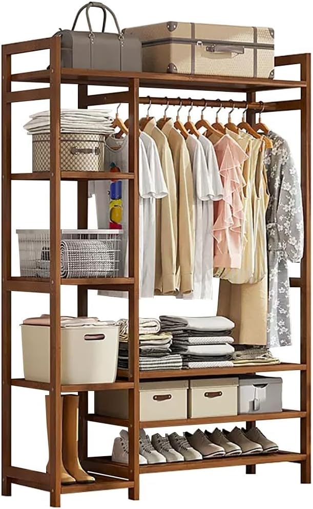 Floor-Standing Solid Wood Rotating Coat Rack，Modern Bamboo Clothes Rack with Hanging Rod, 2 Shelves & Hooks - Freestanding Coat & Garment Organizer for Bedroom, Hallway, Open Wardrobe, Natur