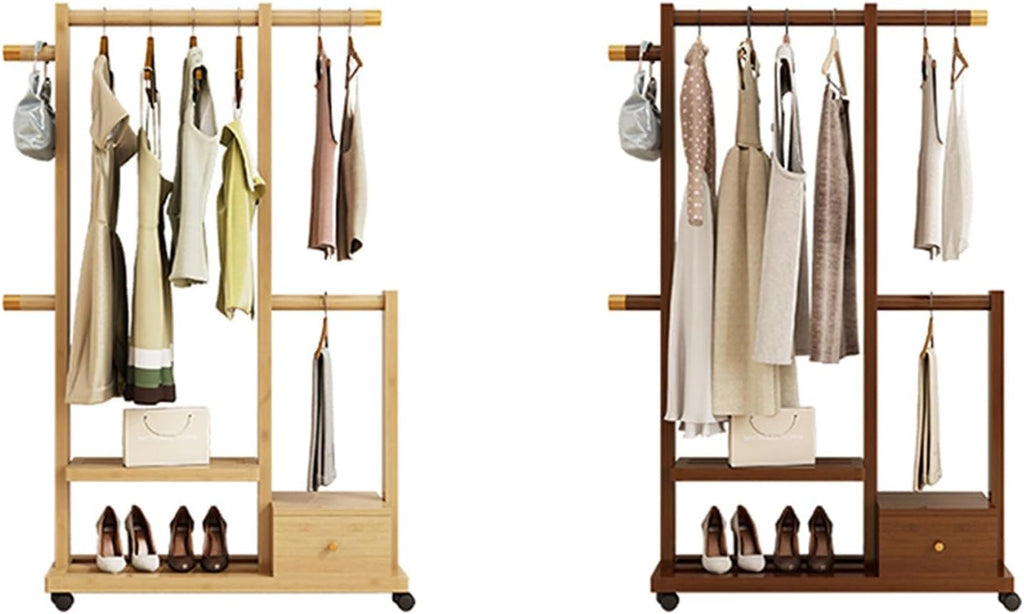 Clothes Organizer Stand On Wheels,entryway Coat Rack With Storage,Garment Racks For Hanging Clothes,bamboo Rolling Garment Rack,Multifunction Entry-way Coat Racks Stand For Bedroom Entryway(Color:Brow