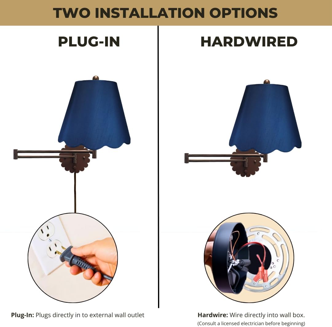 Royal Designs, Inc. Set of 2 Scalloped Swing-Arm Dimmable Wall Lamp - Oil Rubbed Bronze Lamp with Navy Blue Scallop Hardback Lampshade