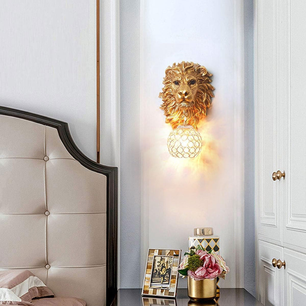 Gold Lion Head Wall Sconces Set of 2, Modern Luxury Crystal Globe Wall Lamp, Resin Animal Head Decorative Wall Mounted Light Fixtures for Living Room Bedroom Hallway Entryway