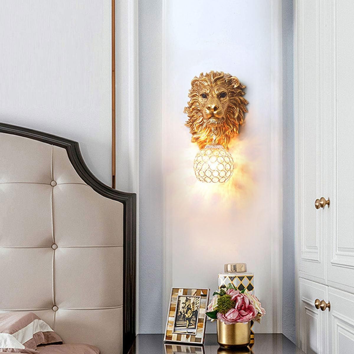 Gold Lion Head Wall Sconces Set of 2, Modern Luxury Crystal Globe Wall Lamp, Resin Animal Head Decorative Wall Mounted Light Fixtures for Living Room Bedroom Hallway Entryway